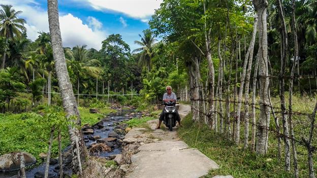 Wir suchen mit dem Roller den Wasserfall und verfahren uns komplett. Dafür führt uns der Weg in den Süden der Insel. Auf der praktisch unbefahrenen Strecke sehen wir viele Affen, Schlangen und auch größere Leguane.
